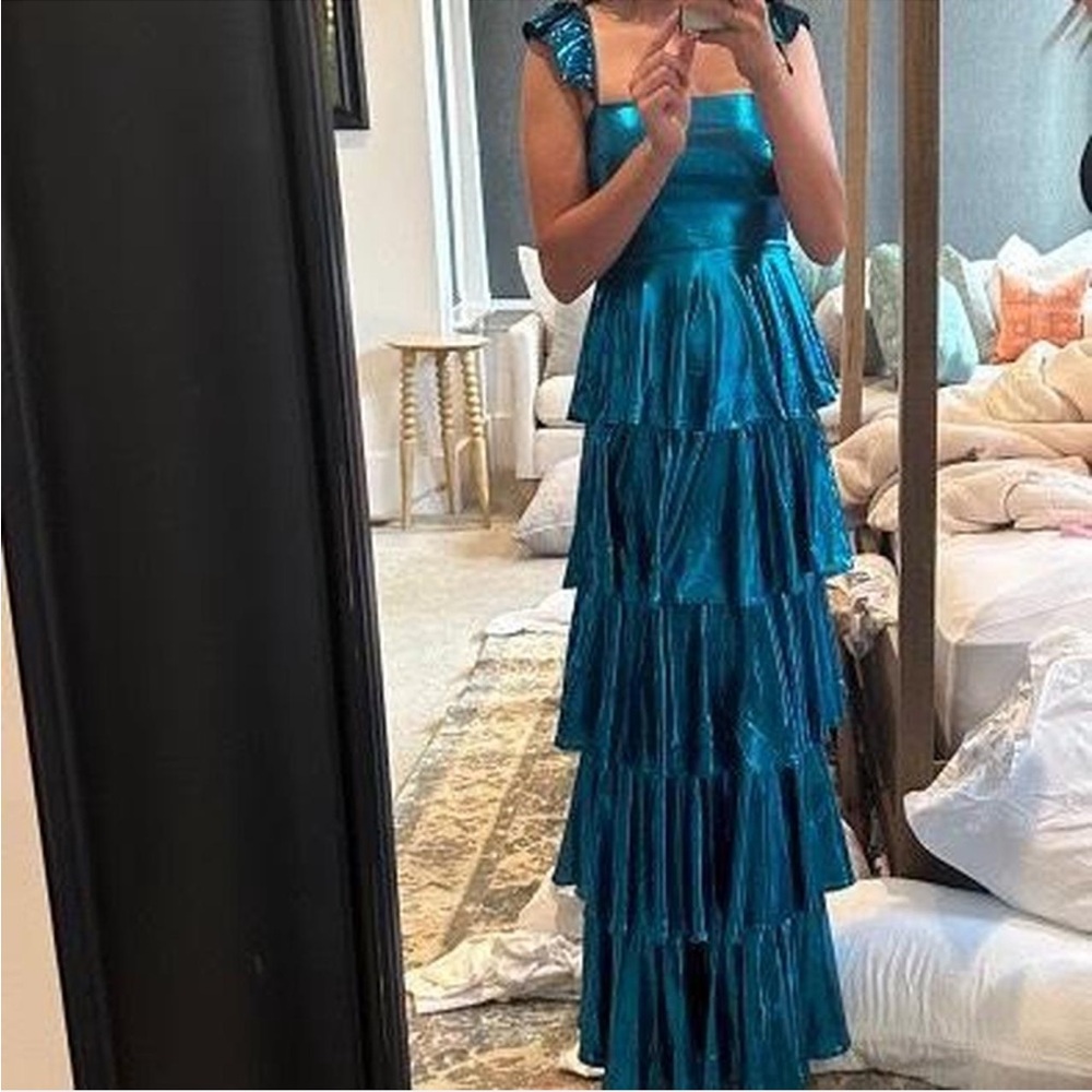Custom lulus xs formal dress.Metallic blue tiered dance dress #modestdress #prom